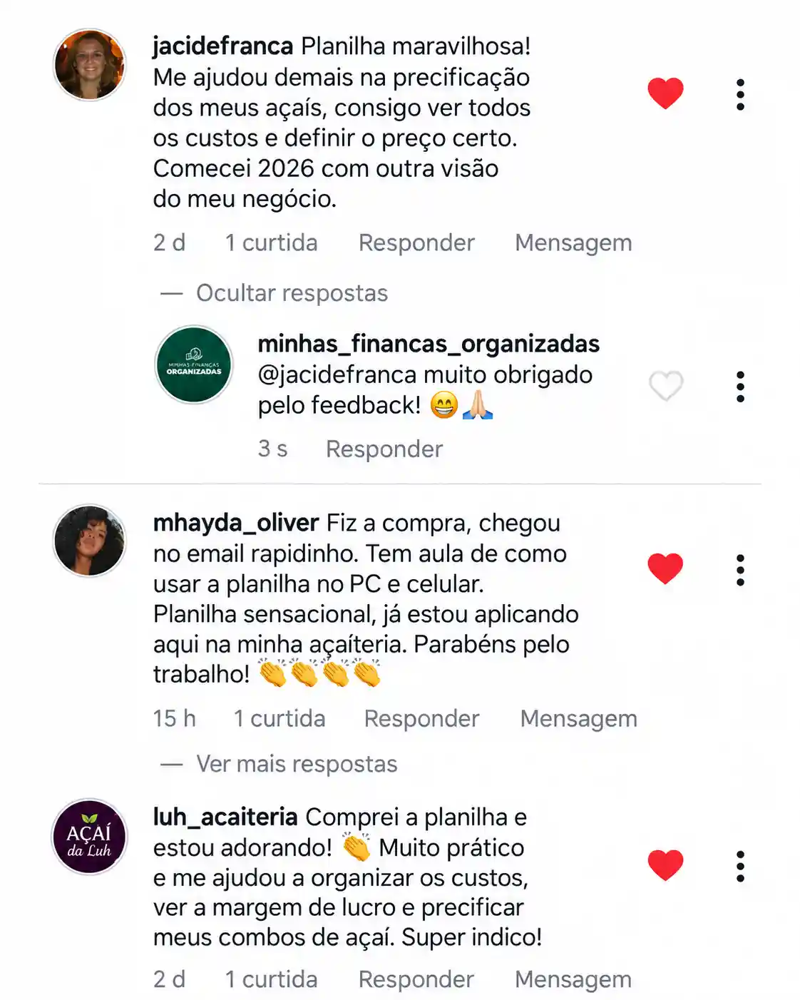Depoimentos de clientes sobre a Planilha Açaí Lucrativo