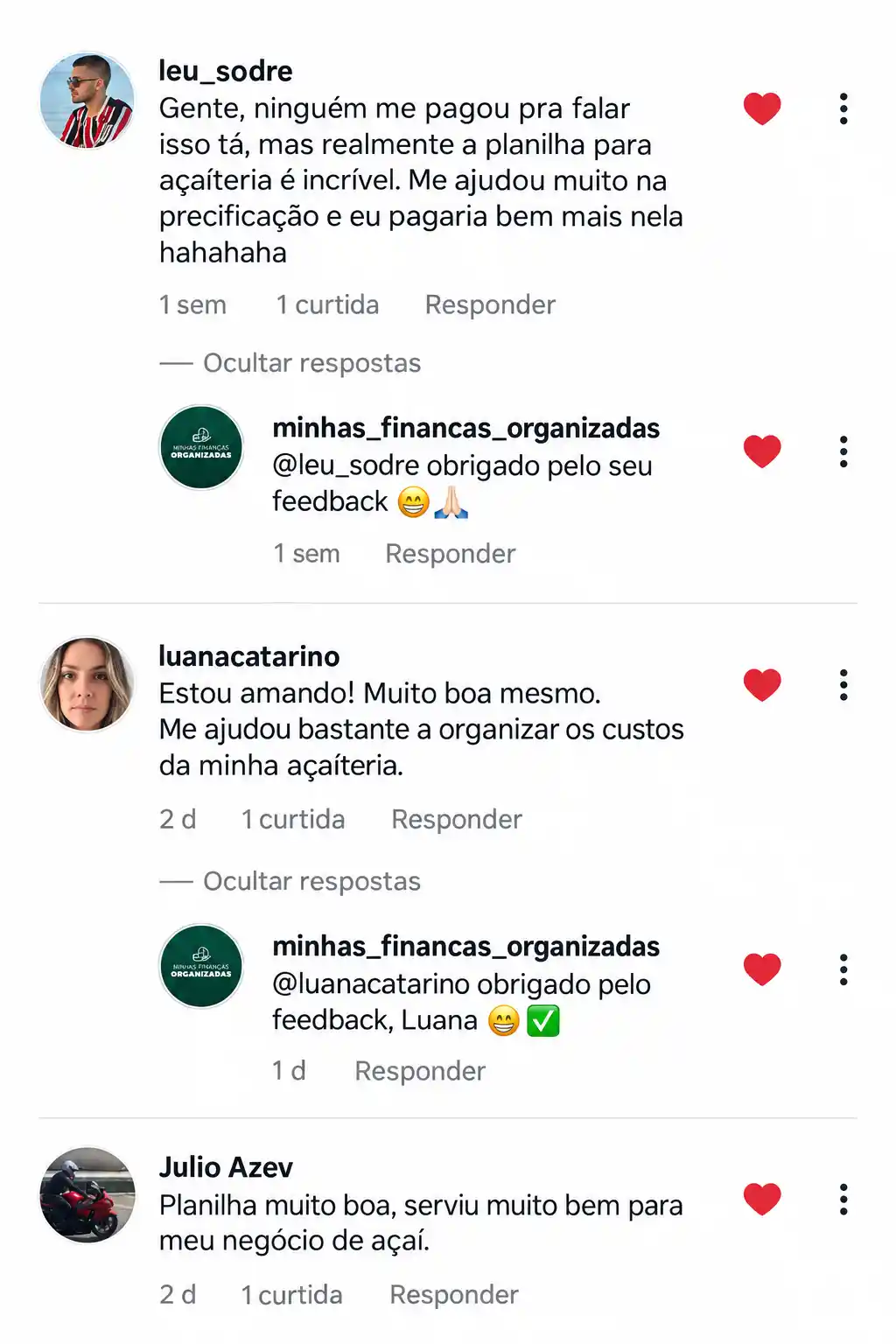 Mais depoimentos de clientes sobre a Planilha Açaí Lucrativo
